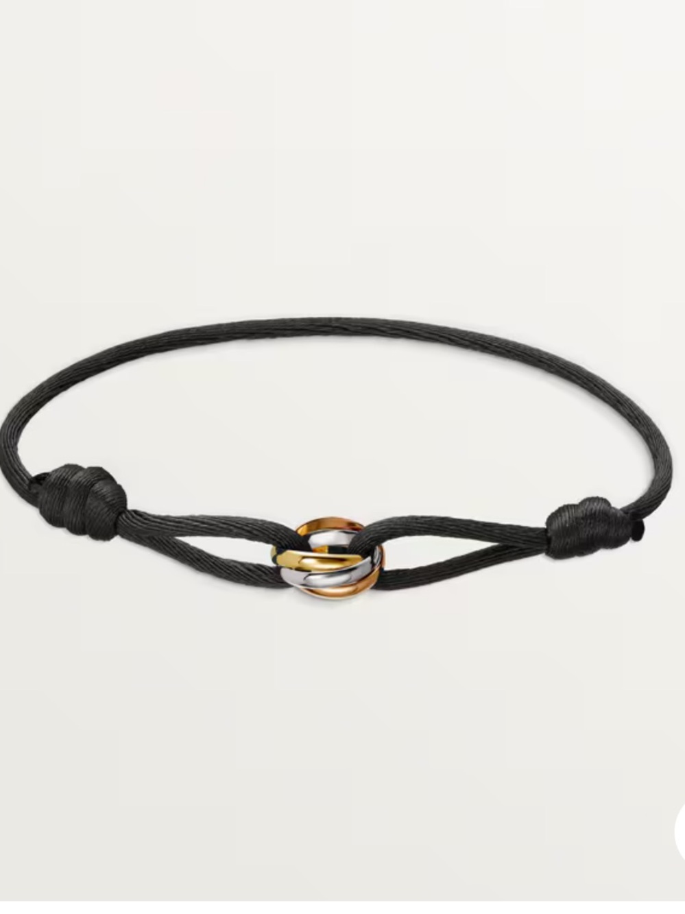 Cartier Trinity Bracelet with Gold/ Tan Cord and Gold & Silver Rings